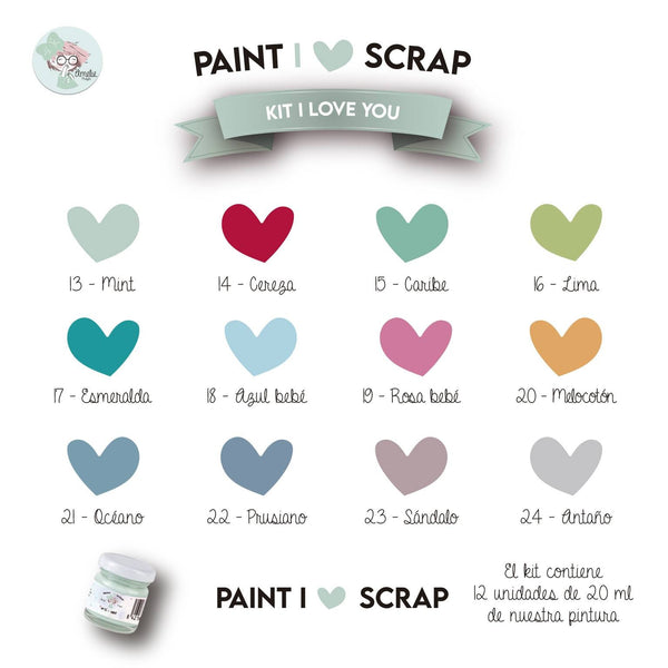 Kit I Love You -  I Love Scrap , 12 colores de 20 ml de chalk paint