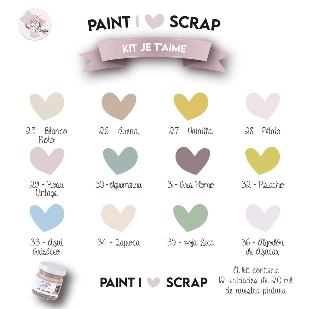 Kit Je T'aime - I Love Scrap , 12 colores de 20 ml de chalk paint