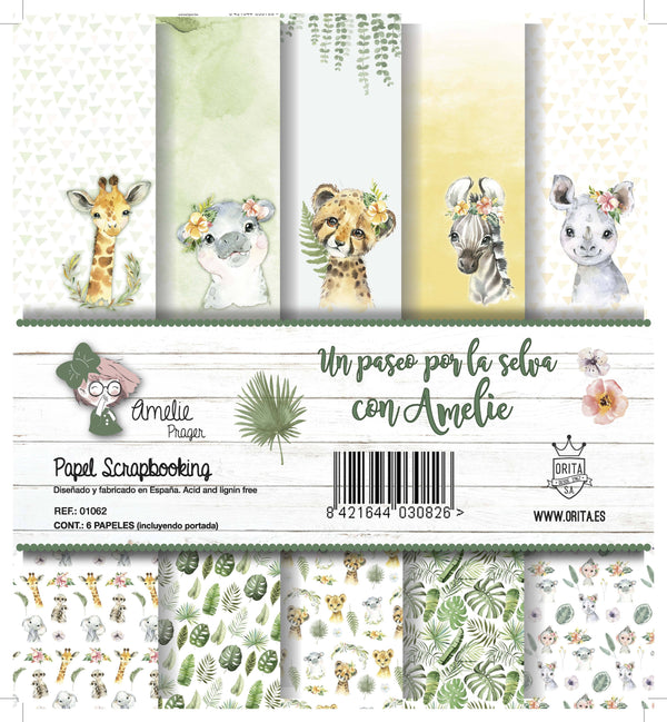 KIT DE PAPEL SCRAPBOOKING UN PASEO POR LA SELVA CON AMELIE (SET 6 PAPELES)