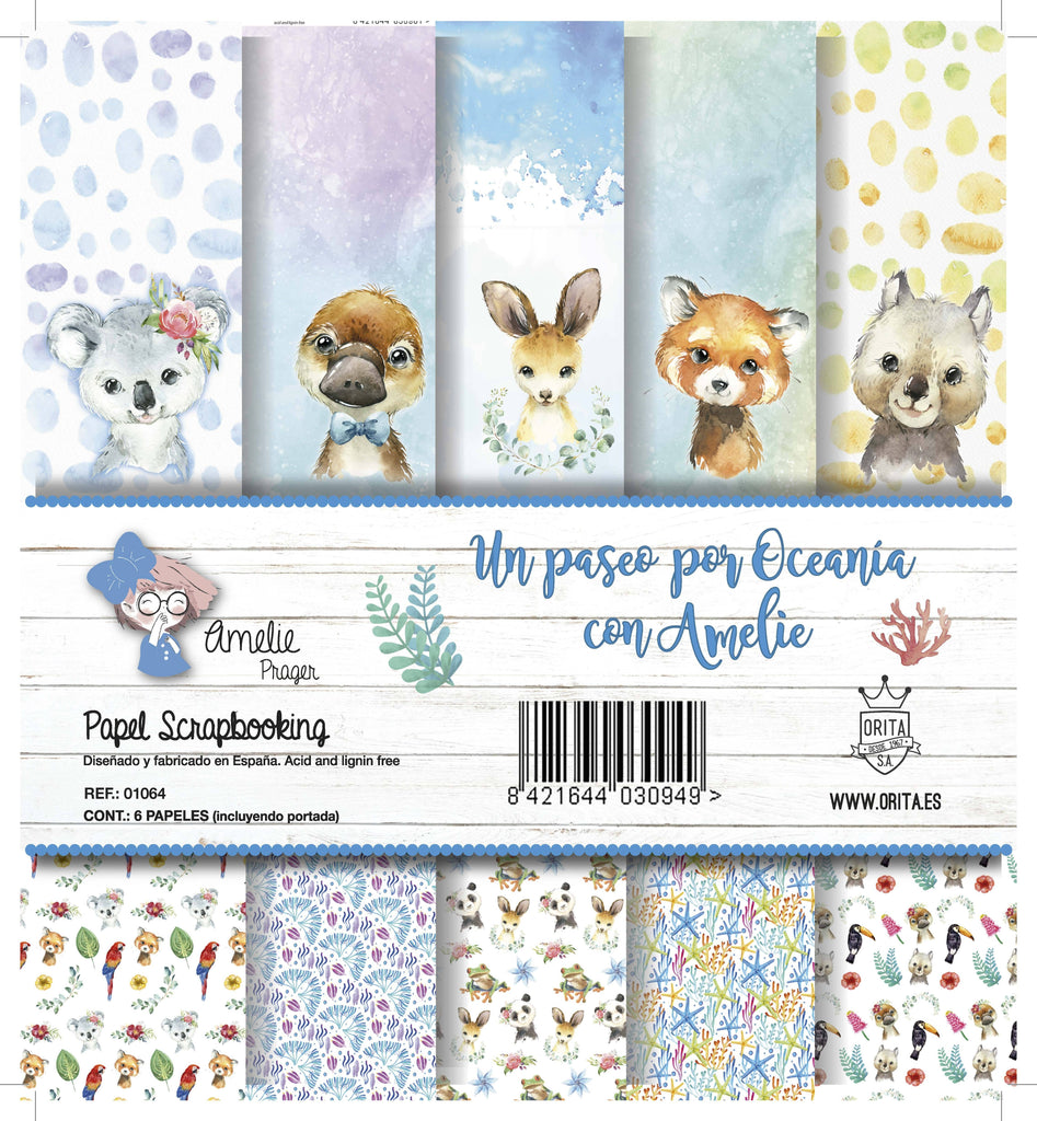 KIT DE PAPEL SCRAPBOOKING UN PASEO POR OCEANÍA CON AMELIE (SET 6 PAPELES)