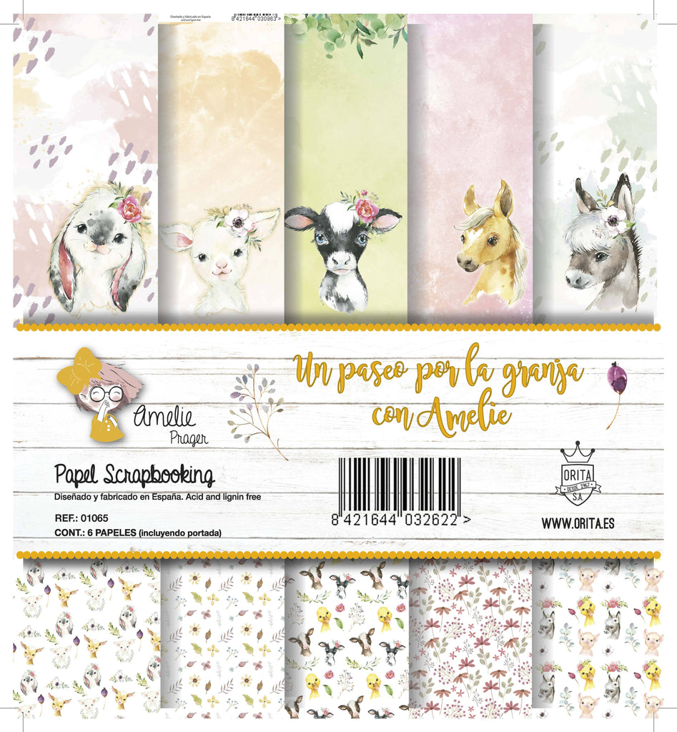 KIT DE PAPEL SCRAPBOOKING UN PASEO POR LA GRANJA CON AMELIE (SET 6 PAPELES)