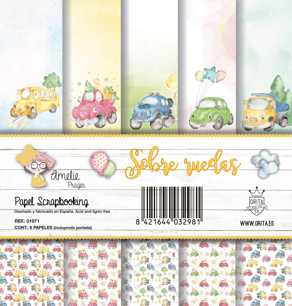 KIT DE PAPEL SCRAPBOOKING SOBRE RUEDAS (SET 6 PAPELES)