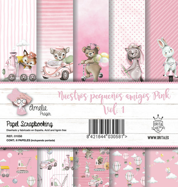 KIT DE PAPEL SCRAPBOOKING NUESTROS PEQUEÑOS AMIGOS PINK VOL.1 (SET 6 PAPELES)