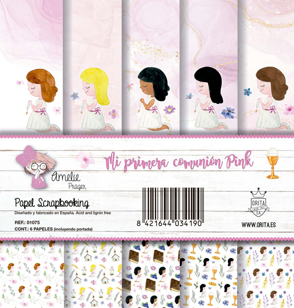 KIT DE PAPEL SCRAPBOOKING MI PRIMERA COMUNIÓN PINK (6 PAPELES)