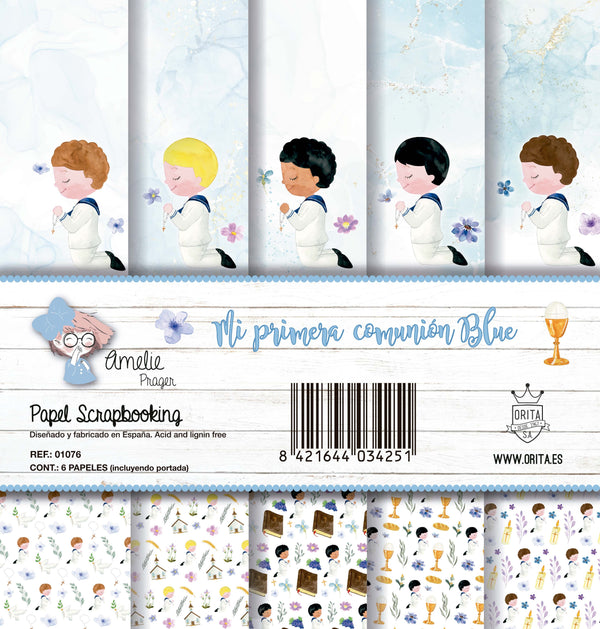 KIT DE PAPEL SCRAPBOOKING MI PRIMERA COMUNIÓN BLUE (6 PAPELES)